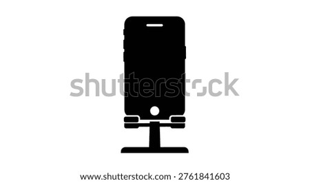 This image showcases a sleek, black smartphone icon with a supporting stand, presented in a clean and isolated design. It represents modern mobile technology.