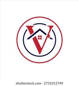 Esta imagem mostra um logotipo elegante e contemporâneo. Combina uma silhueta de casa com uma forma de 'v' vermelho proeminente, tudo fechado dentro de uma borda circular azul e vermelha, transmitindo confiança.