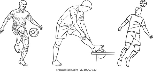 Esta Imagen muestra a un jugador de fútbol en varias poses, mostrando diferentes técnicas como driblar, patear y cabecear. El jugador se representa en un estilo de dibujo de línea simple, destacando el enfoque en las acciones que se realizan. La Imagen transmite un sentido de atletismo y habilidad, enfatizando la importancia de la práctica y la técnica en el fútbol.