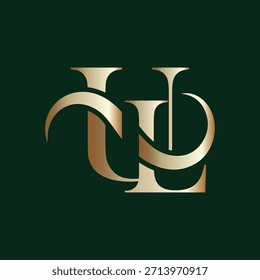 Esta Imagen muestra un sofisticado logotipo monográfico formado por las letras U y L en un tono dorado