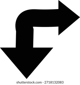Esta imagem mostra uma forma de seta preta escura, apontando dinamicamente para a direita e para baixo. O design utiliza um estilo de silhueta ousado, tornando-se um elemento visual simples, mas eficaz para a direção.