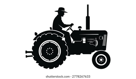 This image showcases a stark black silhouette of a farmer operating a vintage tractor, evoking themes of rural life and agricultural work.