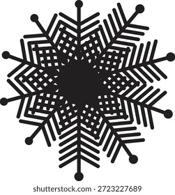 Esta imagem mostra uma impressionante ilustração em floco de neve preto, definido por seu design intrincado e geométrico. O padrão exibe bela simetria radial, criando um visual cativante, perfeito para temas de inverno.