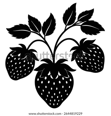 This image showcases a striking black silhouette of a strawberry plant, detailing the fruit with characteristic seeds, leaves and stem, all set against a clean, white backdrop.