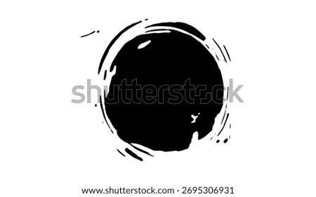 This image showcases a striking black ink circle on a white backdrop, marked by visible brushstrokes and scattered splatters, creating a textured, abstract aesthetic for various applications