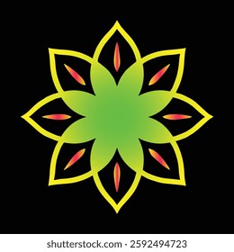 This image showcases a striking geometric floral design with a modern abstract aesthetic. The symmetrical pattern consists of eight gracefully curved petals, outlined in a vibrant yellow gradient.