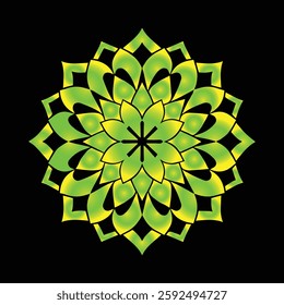 This image showcases a striking geometric floral design with a modern abstract aesthetic. The symmetrical pattern consists of eight gracefully curved petals, outlined in a vibrant yellow gradient.