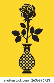 This image showcases a striking silhouette of a single rose in a geometric patterned vase. The distinctive style is bold and graphic, perfect for various design applications.