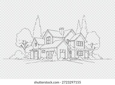 Esta imagem mostra uma impressionante casa grande cercada por árvores e um jardim, retratada em um estilo de arte de linha simples, mas elegante. A casa apresenta vários gables, chaminés e uma varanda espaçosa, exalando uma sensação de serenidade e luxo. O fundo transparente com um padrão quadriculado sutil adiciona um toque de sofisticação.