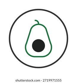Esta Imagen muestra un aguacate estilizado dentro de un círculo, creando un diseño moderno y minimalista. El contorno verde y la fosa negra ofrecen un visual limpio y fresco, adecuado para representar la salud