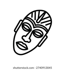 This image showcases a stylized black-and-white illustration of a traditional African mask. The mask features bold, angular lines and intricate geometric patterns, particularly around the eyes and forehead. The design is symmetrical, with prominent, elongated eye sockets and a pronounced nose. The mask's stylized hair and ear details add to its cultural significance, often representing spiritual or ceremonial purposes in various African cultures.