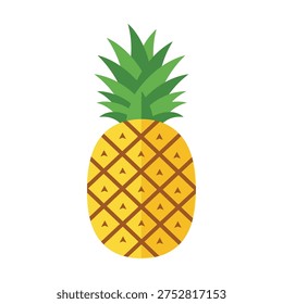 This image showcases a stylized and colorful illustration of a pineapple. The fruit is depicted with a bright yellow exterior featuring distinct diamond-shaped patterns and a green, leafy crown on top. The illustration emphasizes the natural and tropical appearance of the pineapple, making it visually appealing and recognizable.