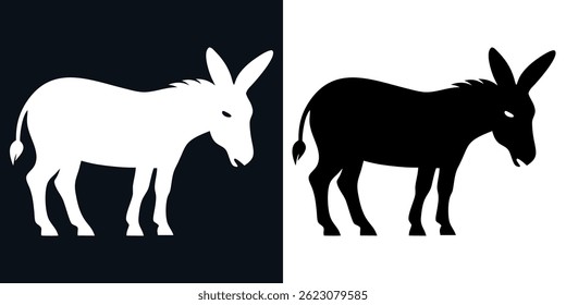 This image showcases a stylized donkey silhouette icon in a mirrored black-and-white layout. The left side features a white donkey on a black background.