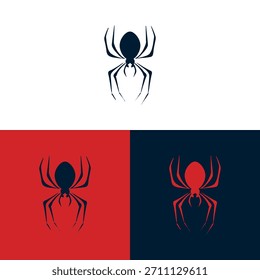 This image showcases a stylized spider silhouette presented on white, red, and navy blue backgrounds. The graphic design features clean lines and a minimalist style. Suitable for various design projects, it could be used in web design, branding, or as an element in larger compositions. The contrasting colors create visual interest.