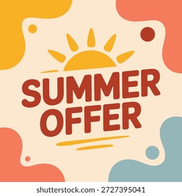 Esta imagem mostra uma promoção de oferta de verão com uma paleta de cores vibrantes, apresentando um gráfico proeminente do sol e letras arrojadas, transmitindo uma sensação de calor e emoção.