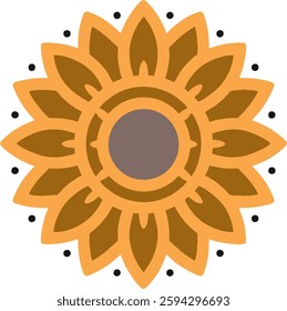 This image showcases a symmetrical sunflower-inspired mandala design with intricate geometric patterns. The artwork consists of layered petals in warm shades of brown and gold