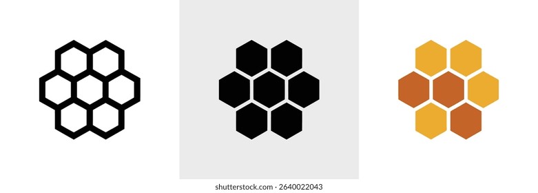 This image showcases three depictions of a honeycomb a simple outline, a filled solid black version, and a color variation, all arranged side by side, on white.