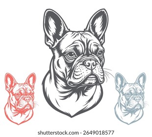 Esta imagem mostra três ilustrações detalhadas da cabeça de um Bulldog Francês, cada uma renderizada em uma cor diferente: cinza, vermelho e azul.