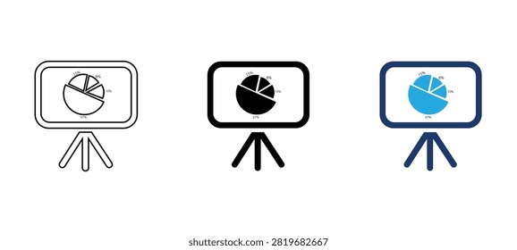 This image showcases three distinct styles of a presentation board icon. Each icon features a pie chart divided into segments labeled with percentages (15%, 8%, 10%, 67%) displayed on a tripod stand. The first icon is a simple line art version, the second is a solid black silhouette, and the third is a modern blue and white color variation, providing diverse options for professional data visualization.