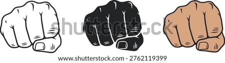 This image showcases three distinct depictions of a clenched fist, presented in white, solid black, and a realistic skin tone, offering visual contrast.