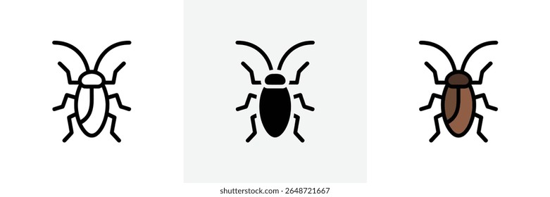 This image showcases three minimalist cockroach icons, featuring a linear version, a solid black silhouette, and a colored brown variant, illustrating common pest control issues.