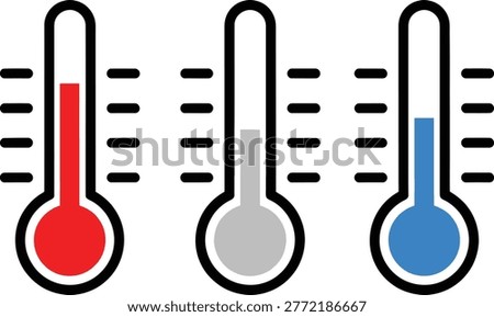 This image showcases three simple thermometer silhouettes, each indicating a different temperature range. One is red for hot, one gray for moderate, and one blue for cold.