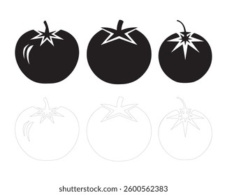 This image showcases three variations of a stylized tomato graphic.