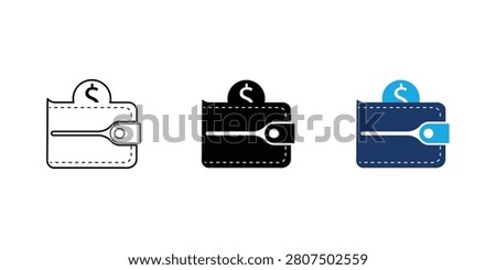 This image showcases three variations of a wallet icon, each featuring a dollar coin. The set includes a thin-line outline version, a solid black silhouette, and a two-tone blue modern flat design. These icons are perfect for financial applications, banking interfaces, e-commerce websites, and digital payment service UI designs.