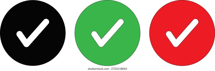 Esta imagem mostra três marcas de verificação circulares vibrantes, cada uma com uma cor diferente - preto, verde e vermelho. O design utiliza um estilo de silhueta impressionante, enfatizando a forma e transmitindo uma mensagem clara de acordo e validação.