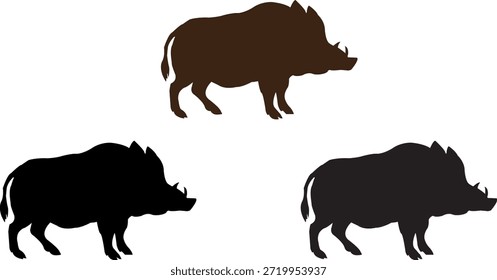 Esta Imagen muestra tres siluetas de jabalí en negro, marrón oscuro y un negro más claro, destacando su forma única.