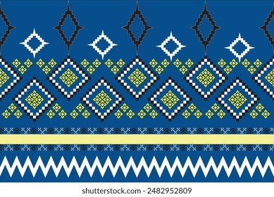 This image showcases a traditional geometric folk pattern, featuring a repetitive design with diamond and triangular shapes in a symmetrical arrangement. The pattern includes a color palette of blue, 