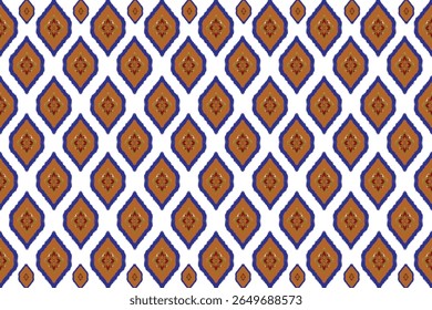 Esta imagem mostra um padrão geométrico tradicional que consiste de motivos em forma de diamante. Cada diamante contém um design interno em tons de laranja e marrom terrosos, delimitado por contornos de azul em negrito