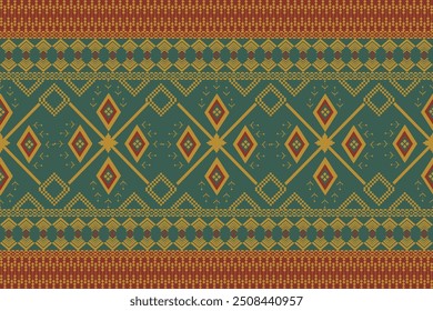 Esta Imagen muestra un patrón textil tradicional con un diseño geométrico con colores vibrantes.