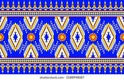 This image showcases a traditional Thai textile pattern with geometric diamonds, floral motifs, and intricate details in blue, yellow, red, and white, reflecting rich cultural heritage.