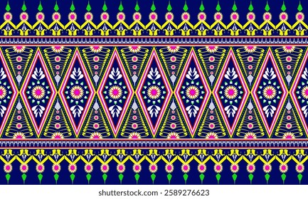 This image showcases a traditional Thai textile pattern with geometric diamonds, floral motifs, and intricate details in blue, yellow, red, and white, reflecting rich cultural heritage.