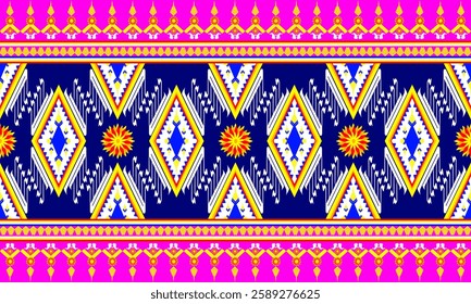 This image showcases a traditional Thai textile pattern with geometric diamonds, floral motifs, and intricate details in blue, yellow, red, and white, reflecting rich cultural heritage.
