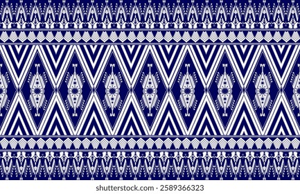 This image showcases a traditional Thai textile pattern with geometric diamonds, floral motifs, and intricate details in blue, yellow, red, and white, reflecting rich cultural heritage.