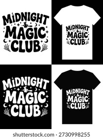 This image showcases a t-shirt design mockup, presenting both white and black shirt options with a "midnight magic club" graphic. high-quality