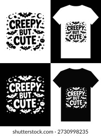 This image showcases a t-shirt mockup with a 'creepy but cute' halloween design featuring bats and stylized text on both light and dark