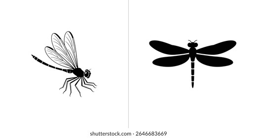 This image showcases two black and white dragonfly silhouettes against a plain white background, offering a detailed side view and a simple top view of the insect.