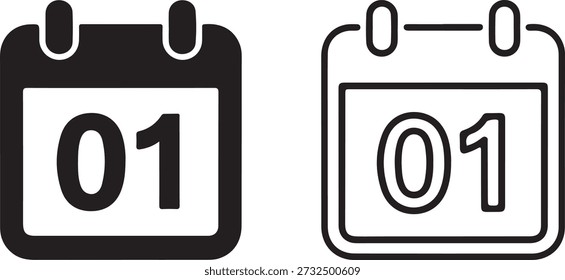 This image showcases two calendar icons, one solid black and the other a white outline, both prominently featuring the numeral '01'. It visually represents dates, schedules, or reminders. high-quality professional detailed modern elegant stylish clean