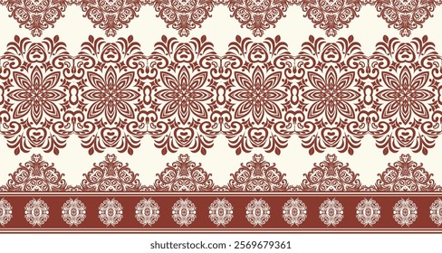 This image showcases two decorative patterns with a distinct vintage or traditional aesthetic. Both patterns feature repeating motifs of intricate, curvilinear floral designs.