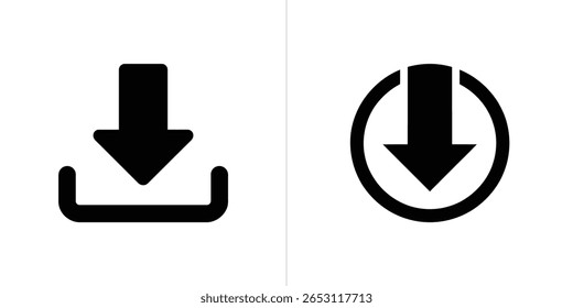 Esta imagem mostra dois estilos distintos de ícone de download. O primeiro ícone apresenta uma seta apontando para baixo em direção a um contêiner retangular, o segundo tem-no dentro de um círculo.