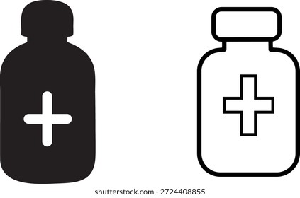 This image showcases two distinct medicine bottle icons, one presented as a solid black silhouette with a white cross, and the other a white outline with a black cross. The contrasting styles clearly denote medical use.