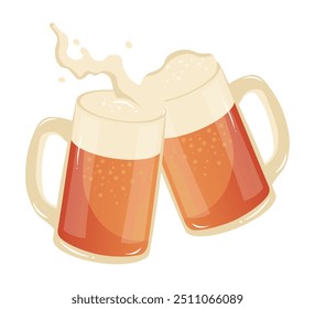 This image showcases two frothy beer glasses clinking together spilling out a bit of liquid in celebration flat vector illustration