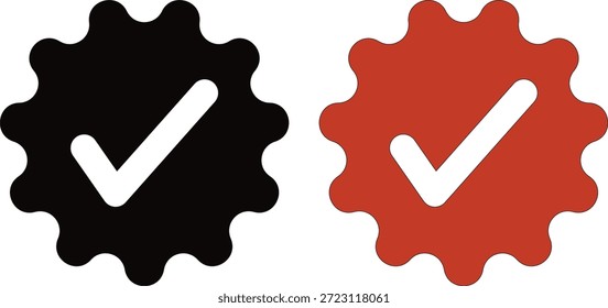 Esta Imagen muestra dos íconos de engranajes, cada uno adornado con una marca de verificación prominente, uno en negro sólido y el otro en naranja vibrante. El estilo distintivo de la silueta enfatiza las Formas, creando una declaración visual audaz. profesional de alta calidad detallado moderno