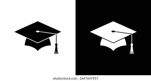 This image showcases two graduation caps, one black on a white background and the other white on a black background, symbolizing academic achievement and success.