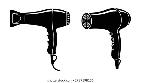 This image showcases two hair dryers depicted in a stark black silhouette, highlighting their handles, nozzles, and power cords. The silhouette style emphasizes the shape