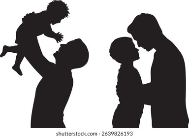This image showcases two heartwarming scenes of a father with his children, rendered in a striking silhouette style. The black silhouettes against the white background