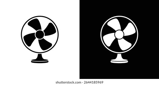 This image showcases two identical illustrations of electric fans, one in black against a white background, and the other in white against a black background.